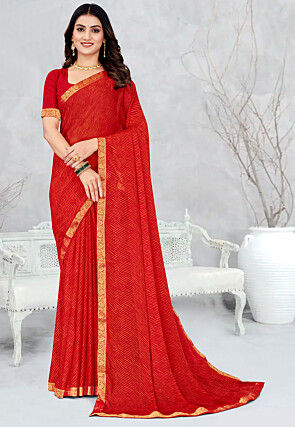 Leheriya Printed Chiffon Saree in Red
