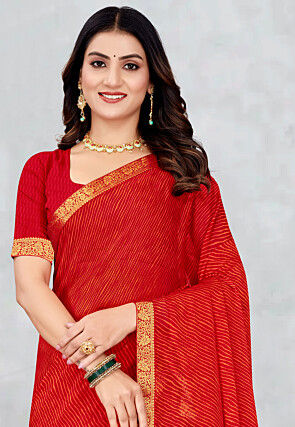Leheriya Printed Chiffon Saree in Red