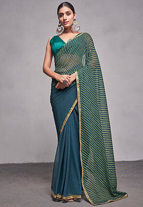 Leheriya Printed Chiffon Saree in Teal Blue