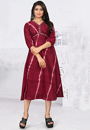 Leheriya Printed Chinon Chiffon A Line Kurta in Maroon