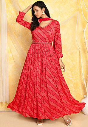 Buy Women Red Flared Suit Set With Chiffon Dupatta - Colourful Threads