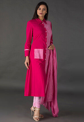 Leheriya Printed Cotton A Line Suit in Fuchsia and Pink
