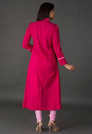 Leheriya Printed Cotton A Line Suit in Fuchsia and Pink