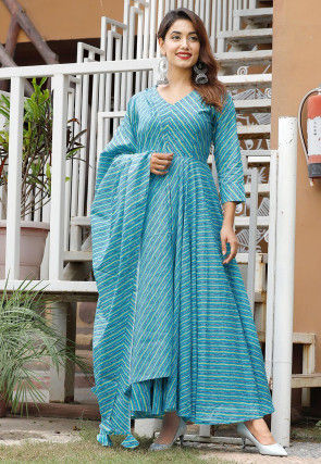 Leheriya Printed Cotton Anarkali Suits in Light Teal Blue