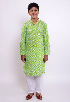 Leheriya Printed Cotton Kurta Set in Light Green