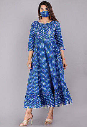 Leheriya Printed Cotton Layered Dress in Blue