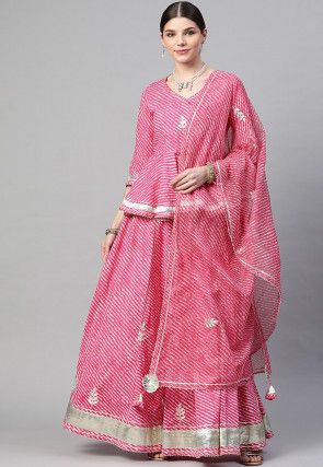 Leheriya Printed Cotton Lehenga in Pink and Off White