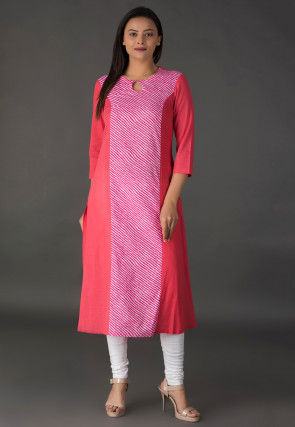 Leheriya Printed Cotton Long Kurta in Pink and Peach