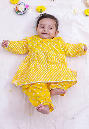 Leheriya Printed Cotton Lurex A Line Kurta Set in Yellow