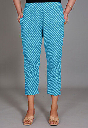 Leheriya Printed Cotton Pant in Turquoise