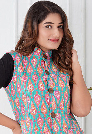 Leheriya Printed Cotton Reversible Warm Jacket in Sea Green