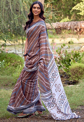 Leheriya Printed Cotton Saree in Brown