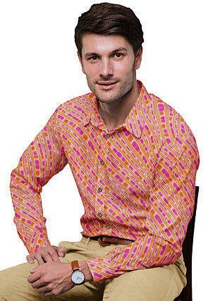 Leheriya Printed Cotton Shirt in Pink and Orange