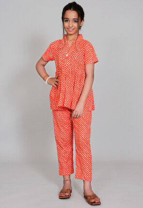 Leheriya Printed Cotton Short Kurti Set in Red and White