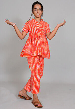 Leheriya Printed Cotton Short Kurti Set in Red and White
