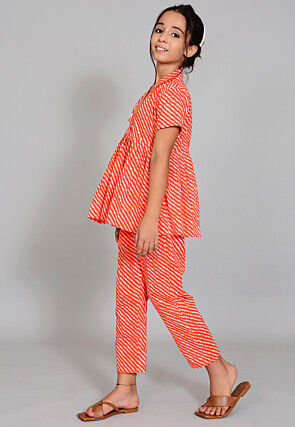 Leheriya Printed Cotton Short Kurti Set in Red and White