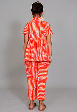 Leheriya Printed Cotton Short Kurti Set in Red and White