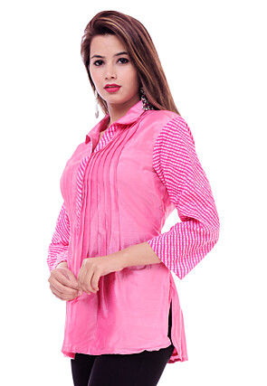 Leheriya Printed Cotton Silk Top in Pink