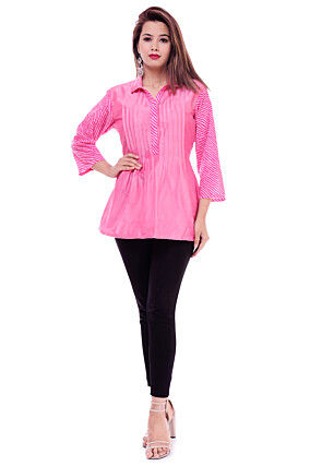 Leheriya Printed Cotton Silk Top in Pink