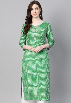 Leheriya Printed Cotton Straight Kurta in Green