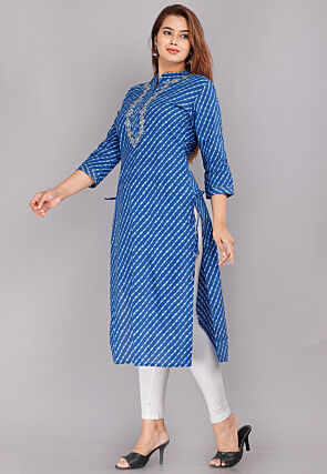 Leheriya Printed Cotton Straight Kurti in Blue
