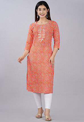 Leheriya Printed Cotton Straight Kurti in Orange and White
