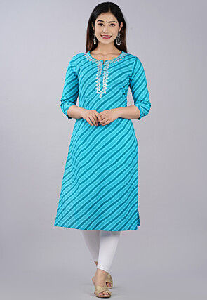 Leheriya Printed Cotton Straight Kurti in Turquoise