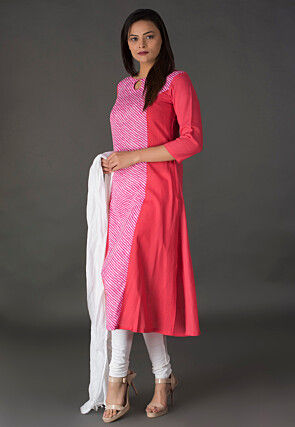 Leheriya Printed Cotton Straight Suit in Pink and Peach