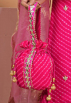 Leheriya Printed Geogrette Potli Bag in Pink