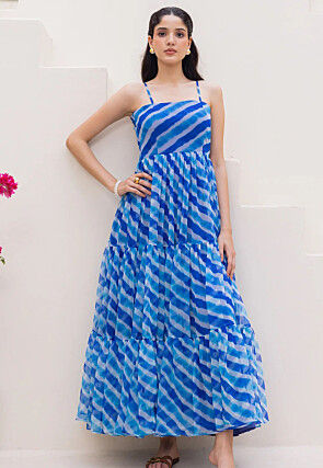Leheriya Printed Georgette A Line Dress in Blue