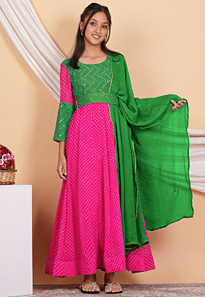 Leheriya Printed Georgette Abaya Style Suit in Fuchsia and Green