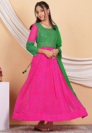 Leheriya Printed Georgette Abaya Style Suit in Fuchsia and Green