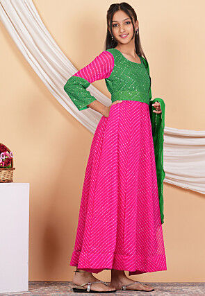 Leheriya Printed Georgette Abaya Style Suit in Fuchsia and Green