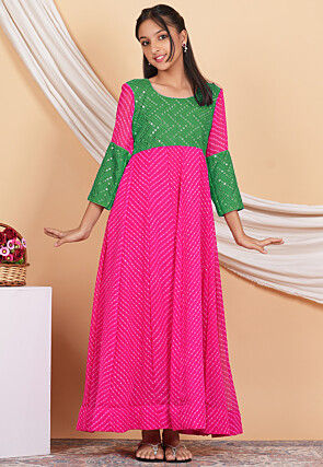 Leheriya Printed Georgette Abaya Style Suit in Fuchsia and Green