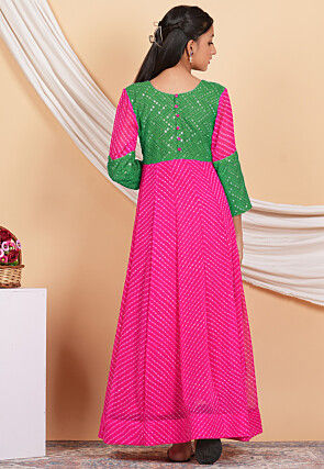 Leheriya Printed Georgette Abaya Style Suit in Fuchsia and Green