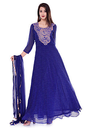 Leheriya Printed Georgette Abaya Style Suit in Navy Blue