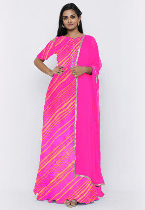 Leheriya Printed Georgette Abaya Style Suit in Neon Pink