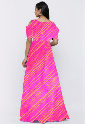 Leheriya Printed Georgette Abaya Style Suit in Neon Pink