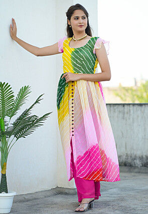Leheriya Printed Georgette Aline Kurta in Multicolor