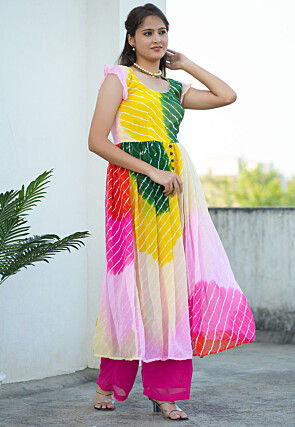 Leheriya Printed Georgette Aline Kurta in Multicolor