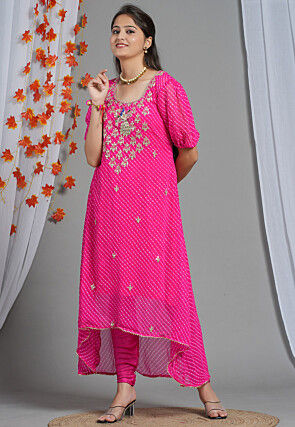 Leheriya Printed Georgette Aline Kurta Set in Pink