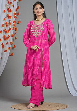 Leheriya Printed Georgette Aline Kurta Set in Fuchsia