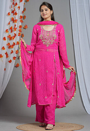 Leheriya Printed Georgette Aline Suit in Fuchsia