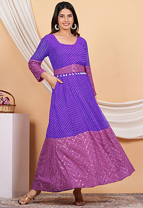 Leheriya Printed Georgette Anarkali Kurta in Purple and Light Purple