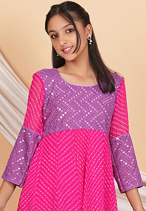 Leheriya Printed Georgette Anarkali Kurta Set in Fuchsia and Light Purple