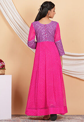 Leheriya Printed Georgette Anarkali Kurta Set in Fuchsia and Light Purple