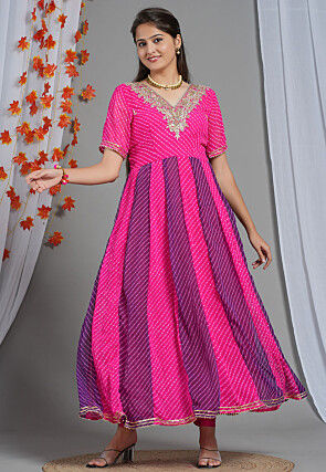 Leheriya Printed Georgette Anarkali Kurta Set in Fuchsia And Purple