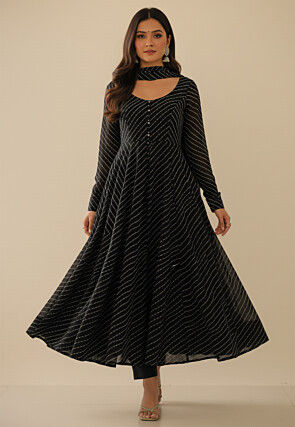 Leheriya Printed Georgette Anarkali Suit in Black