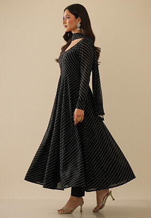 Leheriya Printed Georgette Anarkali Suit in Black