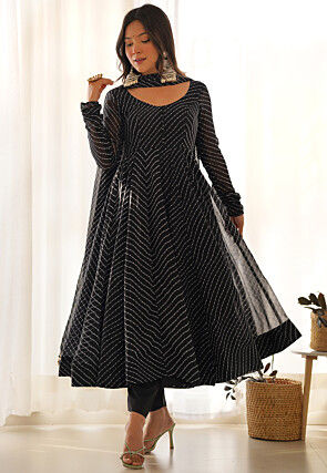 Leheriya Printed Georgette Anarkali Suit in Black